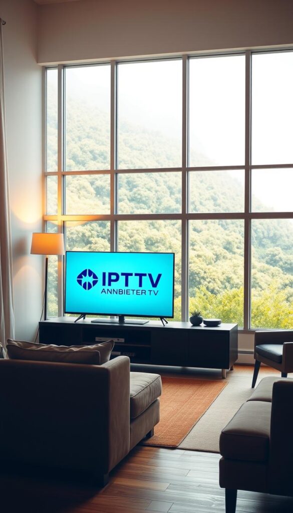 A tranquil living room scene with a modern flatscreen TV displaying the "IPTVANBIETERTV" logo, showcasing the seamless integration of IPTV technology. Soft, warm lighting from a standing lamp and large windows illuminate the space, creating a cozy and inviting atmosphere. In the foreground, a comfortable sofa and armchair invite viewers to relax and enjoy the benefits of IPTV. The middle ground features a sleek media cabinet housing the IPTV hardware, while the background depicts a lush, verdant landscape visible through the windows, symbolizing the boundless entertainment and information possibilities of IPTV.