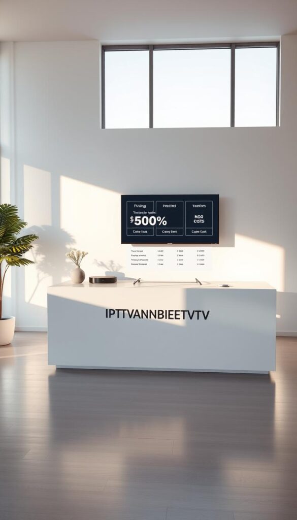 A tranquil, modern interior setting showcasing a sleek, minimalist IPTV subscription offer. Softly lit by natural daylight filtering through large windows, casting warm hues on a pristine white desk featuring the prominent IPTVANBIETERTV brand name. On the desk, a high-quality, high-resolution display depicts a transparent pricing structure with no hidden costs, complemented by subtle design elements that convey a sense of reliability and trustworthiness. The overall atmosphere evokes a sense of transparency, simplicity, and long-term value for the viewer.