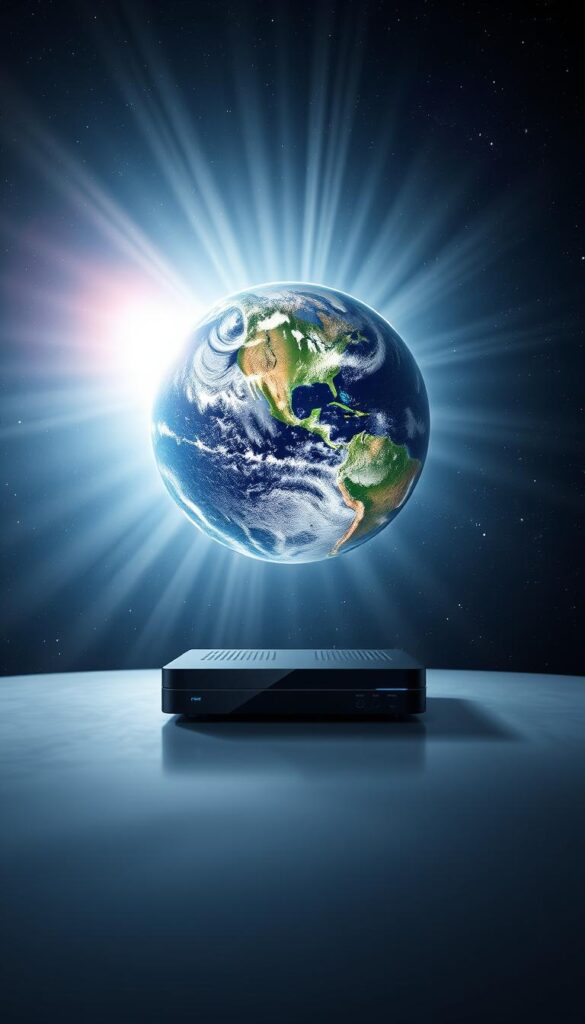 A tranquil, panoramic view of the world, showcasing the global reach of the IPTVANBIETERTV international IPTV receiver. The camera captures a serene, atmospheric scene, with the Earth suspended in a starry, ethereal sky. Rays of soft, diffused light emanate from the planet, illuminating the surrounding cosmos. In the foreground, the IPTVANBIETERTV receiver stands as a sleek, modern centerpiece, blending seamlessly with the celestial backdrop. The composition conveys a sense of connectivity, technology, and the ability to access a world of entertainment from the comfort of one's home.