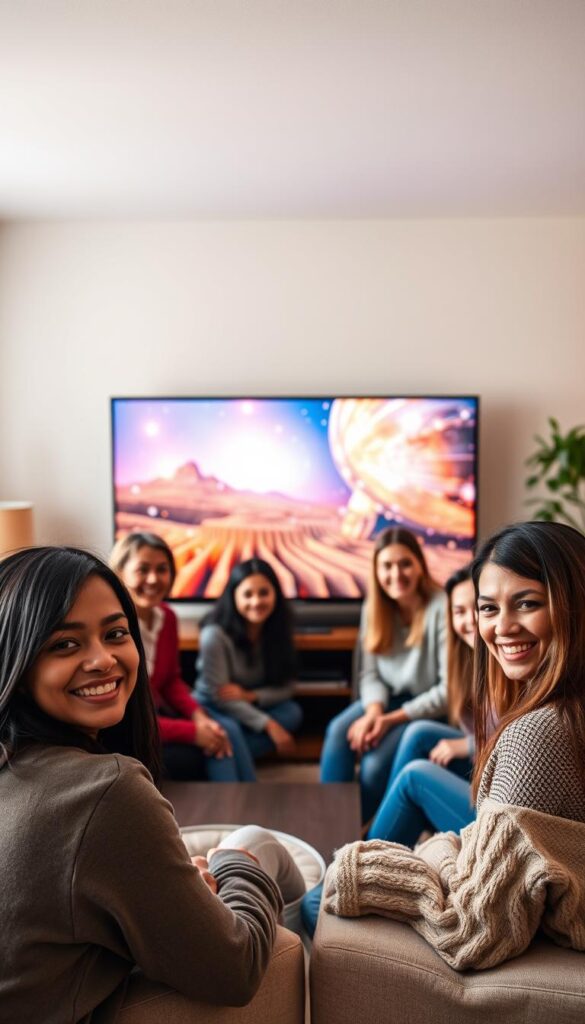A tranquil scene depicting satisfied customers sharing their genuine experiences with the IPTVANBIETERTV service. The foreground features a group of diverse individuals, each with a content expression, gathered around a cozy living room setting. The middle ground showcases a large, high-definition TV screen displaying vibrant, crisp imagery, reflecting the quality of the IPTV service. The background depicts a warm, inviting atmosphere with soft, diffused lighting, creating a sense of comfort and satisfaction. The overall composition conveys a harmonious, relatable, and trustworthy impression, reflecting the positive sentiments expressed in the article's section.