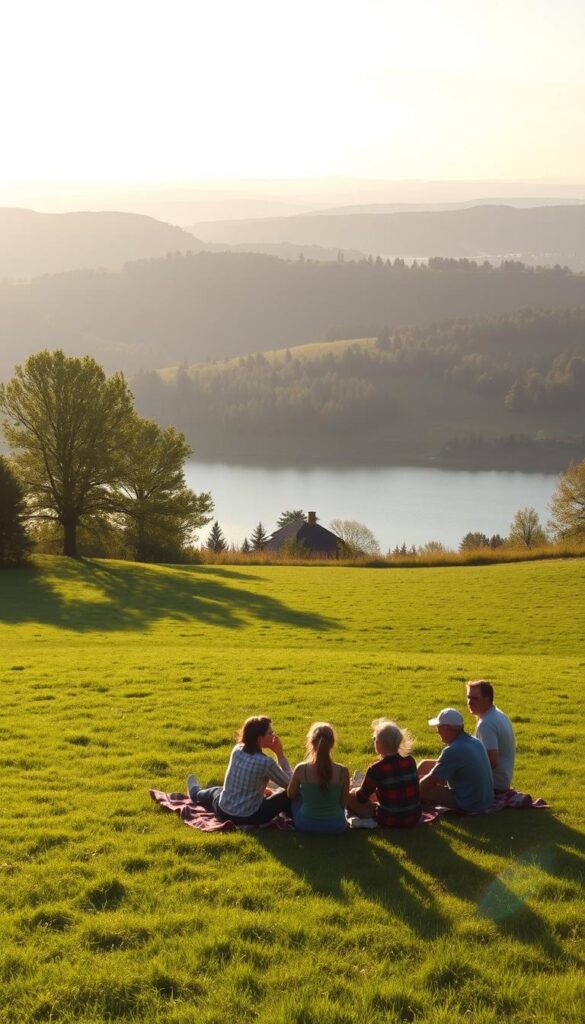 A tranquil, serene scene of a lush, verdant meadow bathed in soft, warm sunlight. In the foreground, a group of people sit comfortably on a picnic blanket, immersed in conversation and enjoying the outdoors. The middle ground features a serene lake, its calm waters reflecting the surrounding trees and sky. In the background, rolling hills and a distant horizon create a sense of depth and expansiveness. The overall mood is one of relaxation, contentment, and a deep appreciation for the IPTVANBIETERTV service that has enabled this peaceful, leisurely gathering.