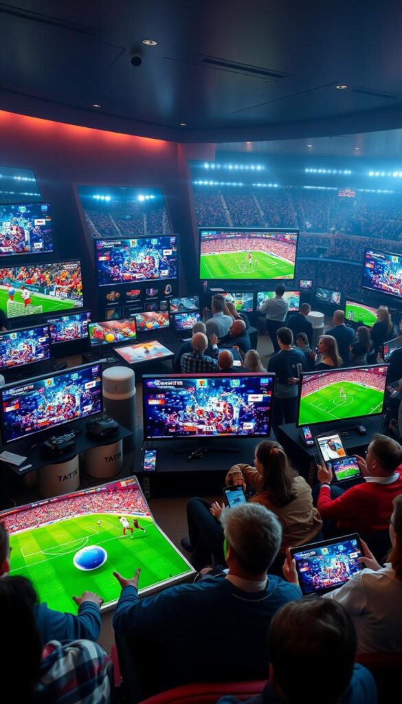 A vast 4K IPTV landscape with a diverse array of high-quality streaming services, showcasing the comprehensive device support of IPTVANBIETERTV. Sleek modern TVs, tablets, and smartphones are seamlessly integrated, reflecting the cutting-edge technology powering the IPTV experience. Vibrant colors, crisp details, and a sense of cinematic grandeur capture the immersive visual feast of 2026 World Cup matches in stunning 4K resolution. Ambient lighting casts a warm, inviting glow, inviting viewers to sit back and enjoy the ultimate IPTV entertainment. The scene exudes a sense of technological sophistication and attention to user experience, embodying the essence of IPTVANBIETERTV's robust device compatibility.