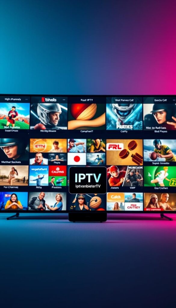 A vast and captivating IPTV programming package, showcasing a diverse array of high-definition channels on a sleek, modern interface. Vibrant colors and dynamic visuals fill the screen, inviting viewers into an immersive entertainment experience. In the foreground, the IPTVANBIETERTV brand logo stands prominently, signifying the reliable and comprehensive service. The middle ground features a grid-like layout, highlighting the impressive selection of channels, from news and sports to movies and entertainment. In the background, a subtle gradient creates a sense of depth and sophistication, complementing the overall visual aesthetic. Soft, directional lighting accentuates the clean, minimalist design, conveying a sense of professionalism and attention to detail. The overall mood is one of anticipation and excitement, inviting the viewer to explore the vast IPTV Programmpaket and discover the best that IPTVANBIETERTV has to offer.