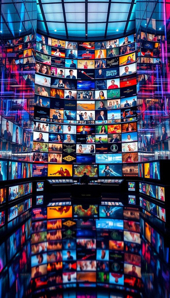 A vast and diverse IPTVANBIETERTV channel offering, showcasing a striking array of programs against a backdrop of sleek, modern architecture. Vibrant colors and dynamic lighting create an immersive experience, drawing the viewer into the heart of this comprehensive entertainment hub. The scene captures the breadth and depth of content, from captivating dramas to thrilling live sports, all seamlessly integrated within a sophisticated, high-tech setting. Subtle reflections and shadows add depth and dimensionality, while the overall composition conveys a sense of professional polish and attention to detail. This image aims to visually encapsulate the "Umfangreiches Kanalangebot" of IPTVANBIETERTV, enticing the viewer to explore the full scope of its diverse programming.