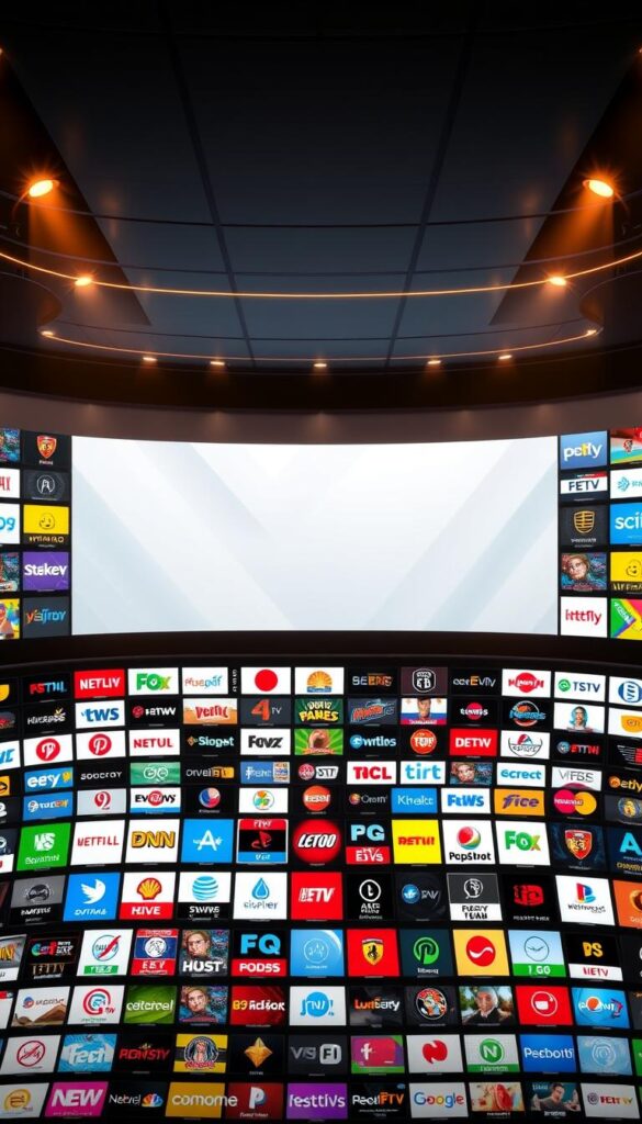 A vast and diverse array of IPTV channels, presented in a sleek and visually stunning manner. The scene depicts the IPTVANBIETERTV brand's comprehensive channel offering, with a meticulously crafted foreground showcasing a grid of colorful channel logos and icons, each one a unique and captivating window into a world of entertainment. The middle ground features a subtle, yet sophisticated backdrop, hinting at the technical infrastructure that powers this expansive service. The lighting is warm and inviting, creating a sense of depth and dimension, while the camera angle provides an elevated, panoramic view, emphasizing the sheer breadth and scale of the IPTV Kanalangebot. The overall composition radiates a sense of limitless programming possibilities, capturing the essence of the "Programmvielfalt ohne Grenzen" promised by IPTVANBIETERTV.