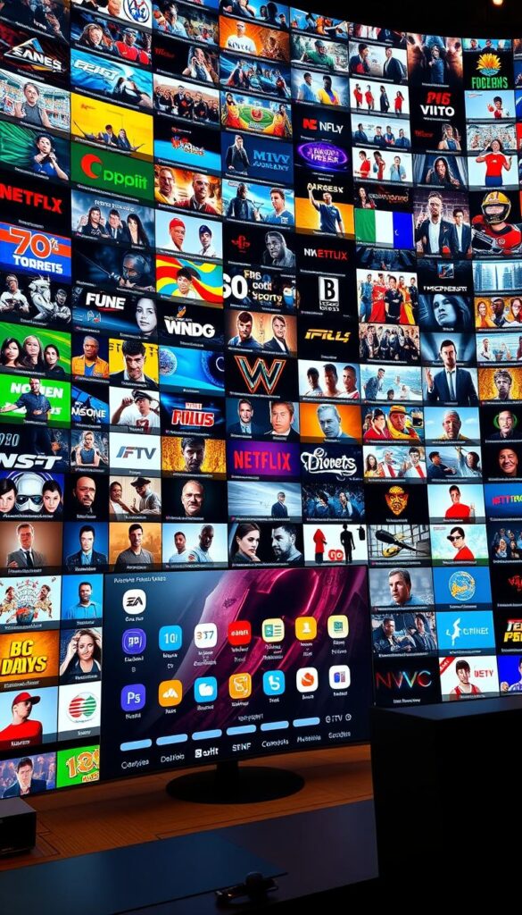 A vast and immersive IPTV channel offering, showcasing a mesmerizing array of entertainment options. Vibrant colors and dynamic camera angles capture the grandeur of this IPTVANBIETERTV service, with a sleek and modern user interface displayed prominently in the foreground. Detailed iconography and channel logos fill the middle ground, while the background teems with a diverse selection of programming genres, from live sports to the latest blockbuster movies. Soft, warm lighting illuminates the scene, creating a welcoming and inviting atmosphere for the viewer to explore this expansive IPTV Kanalangebot.