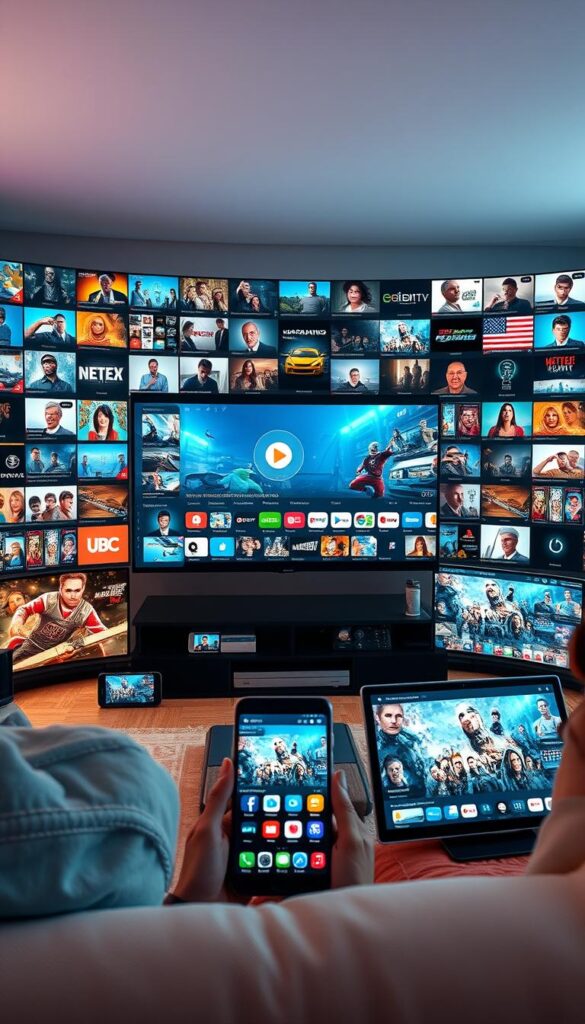 A vast and vibrant IPTV landscape, offering IPTVANBIETERTV's "IPTV Playlist lebenslang" service. A wide array of channels and content fill the frame, displayed on various devices - sleek smartphones, tablets, and widescreen TVs. Soft, diffused lighting creates a warm, inviting atmosphere, drawing the viewer into the immersive world of boundless entertainment. The composition balances the technology with a sense of comfort and ease, conveying the idea of effortless access to a world of programming diversity. Detailed textures, high-definition visuals, and a depth of field that focuses the eye on the central display create a compelling, realistic representation of the "Programmvielfalt: Entdecke tausende Sender und Inhalte" experience.