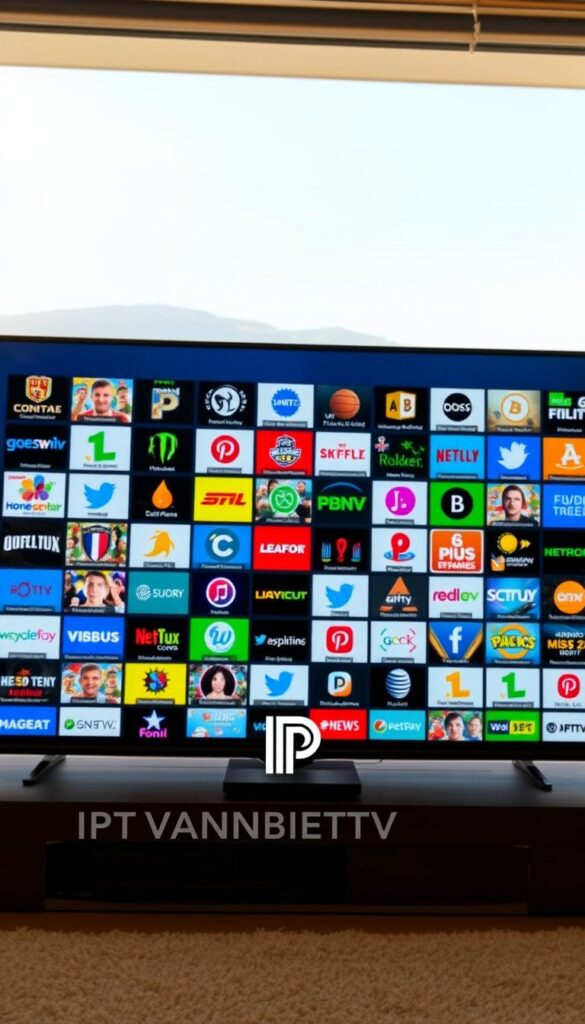 A vast and vibrant selection of IPTV channels displayed on a sleek, modern television screen. The screen is bathed in warm, natural lighting, creating a cozy and inviting atmosphere. In the foreground, the IPTVANBIETERTV logo stands prominently, showcasing the brand's identity. The middle ground features a diverse array of channel icons, representing the breadth and depth of the IPTV offering. The background subtly blends into a soft, blurred landscape, allowing the viewer to focus on the captivating IPTV experience. The overall composition conveys a sense of quality, reliability, and the sheer abundance of entertainment options available through IPTVANBIETERTV.