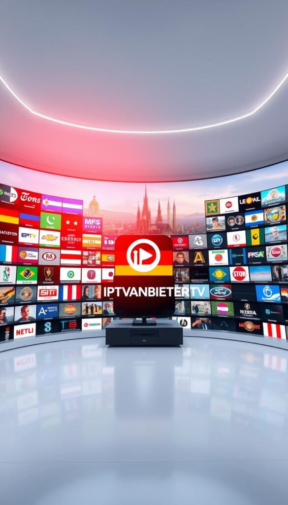 A vast array of German television channels in a sleek, modern IPTVANBIETERTV interface. Bright, airy studio lighting illuminates a panoramic display of diverse programming - from news and sports to movies and entertainment. The middle ground features a stylized IPTVANBIETERTV logo, conveying a sense of professionalism and reliability. In the background, a subtle cityscape with iconic German landmarks adds a touch of cultural context. The overall mood is one of comprehensive, high-quality IPTV offerings catering to the discerning German viewer.
