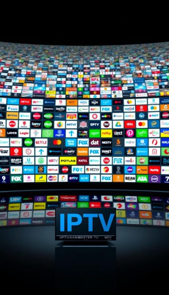 A vast array of IPTV channels stretches out before the viewer, a panoramic display of diverse entertainment options. In the foreground, the IPTVANBIETERTV logo stands prominently, a symbol of the comprehensive content available. The middle ground showcases a vibrant selection of channel logos, representing the breadth of programming from news and sports to movies and music. The background is a soft, blurred gradient, allowing the viewer to focus on the enticing visual feast of IPTV Kanäle. The overall scene conveys a sense of abundance, quality, and the promise of a immersive viewing experience.