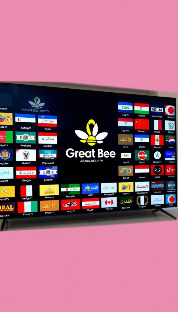 A vast array of Middle Eastern television channels elegantly displayed on a sleek, modern interface. The screen is dominated by a vibrant, high-definition image of the "Great Bee Arabisches IPTV" logo, surrounded by numerous channel icons in a neatly organized grid. The overall composition is crisp, well-balanced, and evokes a sense of professionalism and technological sophistication. The lighting is soft and natural, highlighting the vivid colors and sharp details of the on-screen elements. The camera angle is slightly elevated, providing a broad, encompassing view of the interface. In the background, a subtle gradient or pattern adds depth and visual interest, while maintaining a clean, uncluttered aesthetic. IPTVANBIETERTV.com