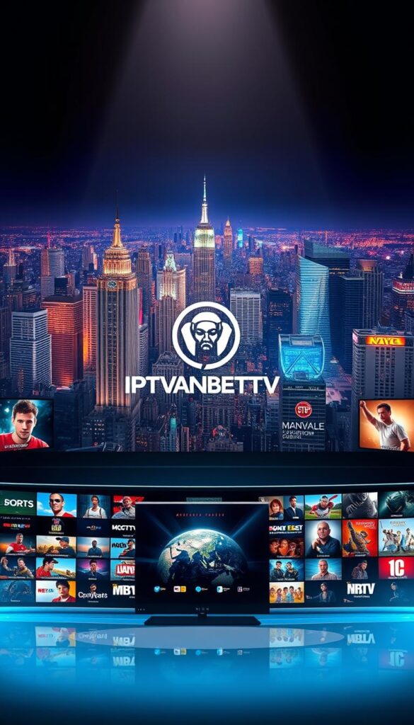 A vast array of captivating IPTV channels, presented in a visually stunning manner. A dynamic and diverse landscape of entertainment, featuring a central IPTVANBIETERTV logo prominently displayed. The foreground showcases an elegant arrangement of various genre icons, from sports to movies, news to documentaries, catering to a wide range of viewer preferences. The middle ground depicts a sleek, modern user interface, hinting at the seamless experience of navigating the extensive channel selection. In the background, a vibrant and immersive cityscape sets the stage, symbolizing the global reach and accessibility of the IPTV offering. Lighting is soft and atmospheric, creating a sense of depth and dimension, while the overall composition conveys a sense of sophistication and refinement.