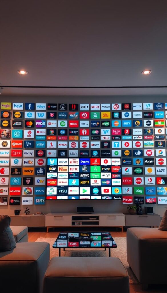 A vast array of television channels spread out before the viewer, showcasing the diverse and comprehensive IPTV offering of IPTVANBIETERTV. The scene depicts a stylish, minimalist living room setting, with a large flatscreen TV prominently displayed. The screen displays a dynamic grid of channel logos, conveying the sheer breadth of entertainment options available. Soft, diffused lighting from overhead fixtures creates a warm, inviting atmosphere, while the sleek, modern furniture and decor evoke a sense of sophistication. The camera angle is slightly elevated, providing an immersive, cinematic perspective that draws the viewer into the immersive world of IPTV. The overall impression is one of a premium, high-quality entertainment experience.