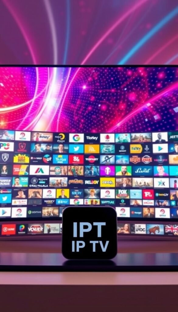 A vast array of vibrant, high-definition IPTV channels flows across a sleek, modern interface. The scene depicts a cutting-edge IPTVANBIETERTV platform, showcasing a diverse selection of entertainment options. In the foreground, a prominent logo commands attention, while the middle ground features a grid of channel thumbnails in vivid colors. The background is filled with a dynamic, abstract pattern that evokes the boundless possibilities of digital media. Soft, directional lighting casts a warm, inviting glow, creating a sense of depth and dimension. The overall composition conveys a sense of technological sophistication and content-rich entertainment.