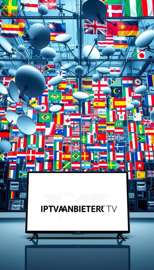 A vast, interconnected global network of television broadcasts, a mosaic of diverse cultures and perspectives. In the foreground, a sleek, minimalist display showcases the IPTVANBIETERTV brand, its interface clean and intuitive. Behind it, a dynamic array of satellite dishes, antennas, and servers, hinting at the technological infrastructure that powers this international media landscape. In the background, a vibrant tapestry of national flags, representative of the multitude of channels and content available. Subtle lighting creates depth and dimension, while a sense of motion and energy conveys the idea of constant, seamless access to programming from around the world.