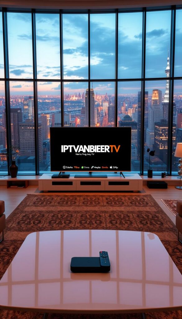 A vast living room with a modern smart TV and streaming devices, bathed in warm, ambient lighting. IPTVANBIETERTV logo prominently displayed on the TV screen, showcasing its intuitive interface and seamless integration across multiple devices. In the foreground, a sleek coffee table with a remote control, reflecting the ease of use. The middle ground features a comfortable sofa and armchair, inviting viewers to immerse themselves in the limitless entertainment options. The background depicts large windows, offering a panoramic view of a vibrant city skyline, symbolizing the boundless reach of IPTV services. An atmosphere of sophistication, convenience, and endless entertainment possibilities permeates the scene.