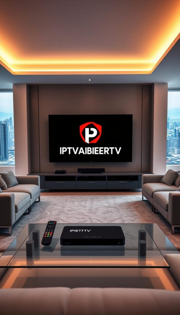 A vast, modern living room with sleek, minimalist furniture in shades of gray and white. A large, flat-screen TV dominates the center of the frame, its screen displaying the IPTVANBIETERTV logo in a bold, contemporary style. The room is bathed in warm, soft lighting, creating a cozy and inviting atmosphere. In the foreground, a wireless remote control and a high-end streaming device sit on a glass coffee table, hinting at the seamless integration of technology in this luxurious space. The background features a panoramic view of a bustling cityscape, suggesting the global reach and international appeal of the IPTV service. The overall impression is one of sophistication, comfort, and the effortless enjoyment of premium entertainment.