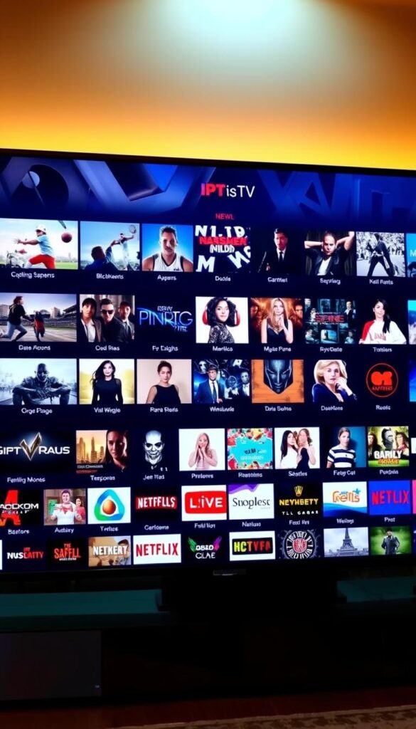 A vast, sleek television display showcases the diverse IPTVANBIETERTV channel lineup, ranging from captivating sports events and blockbuster movies to immersive documentaries and family-friendly entertainment. The screen is illuminated by warm, diffused lighting, creating a cozy and inviting atmosphere. The layout is visually striking, with channel icons neatly organized in a grid, conveying the comprehensive nature of the IPTVANBIETERTV offering. In the background, a subtle pattern of geometric shapes adds depth and a modern aesthetic, complementing the clean and minimalist design. The overall impression is one of a premium, reliable IPTV service providing an extensive and engaging viewing experience.