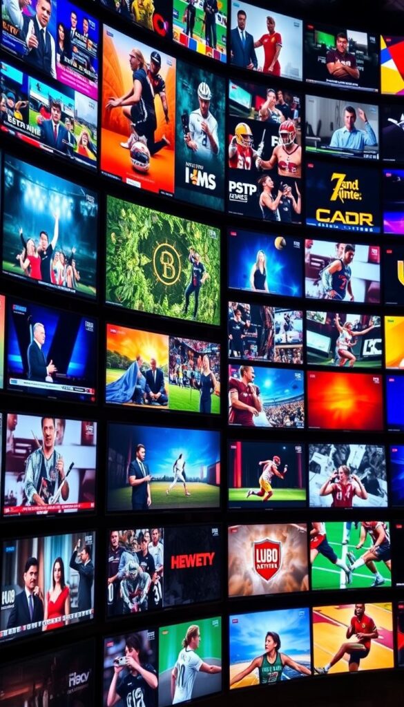 A vast, vibrant array of channels fills the screen, showcasing the expansive IPTVANBIETERTV lineup. Sleek, high-definition screens display a diverse range of content, from captivating news reports to thrilling sporting events, all rendered with exceptional clarity. The scene is bathed in a warm, inviting glow, with soft, diffused lighting highlighting the richness of the visual experience. The camera captures the depth and breadth of the offering, conveying a sense of the endless entertainment possibilities at the viewer's fingertips. The composition emphasizes the sheer scale and variety of the IPTVANBIETERTV service, drawing the eye to the multitude of captivating options available.