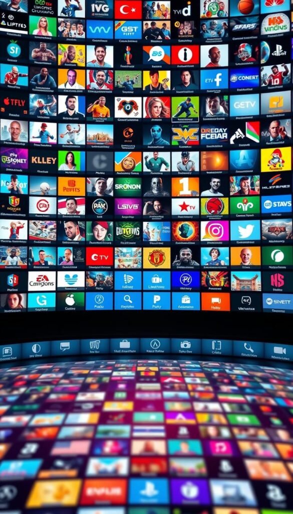 A vast, vibrant collection of IPTV channels fills the frame, showcasing the extensive offerings of IPTVANBIETERTV. In the foreground, a vivid array of diverse content categories dance across the screen, illuminated by a warm, cinematic lighting. The middle ground features sleek, minimalist icons representing various genres, from sports to news to entertainment, inviting the viewer to explore. In the background, a subtle gradient of colors subtly shifts, creating a sense of depth and movement. The overall composition conveys a sense of abundance, quality, and the ability to cater to a wide range of tastes and preferences.