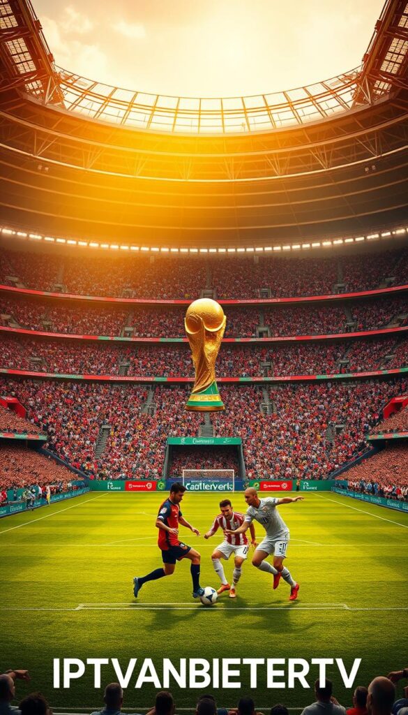 A vast, vibrant football stadium illuminated by a golden evening sun, its manicured pitch glistening under the warm light. Throngs of enthusiastic fans, dressed in their national colors, fill the grandstands, their roar of excitement echoing through the air. At the center, the iconic FIFA World Cup trophy stands tall, a symbol of the global spectacle that is the 2026 Fußball-Weltmeisterschaft. In the foreground, a group of talented players from diverse nations battle for possession of the ball, their dynamic movements captured in a series of sharp, dynamic poses. The scene is framed by the imposing IPTVANBIETERTV branding, a testament to the pivotal role of IPTV in bringing this global event to football fans worldwide.