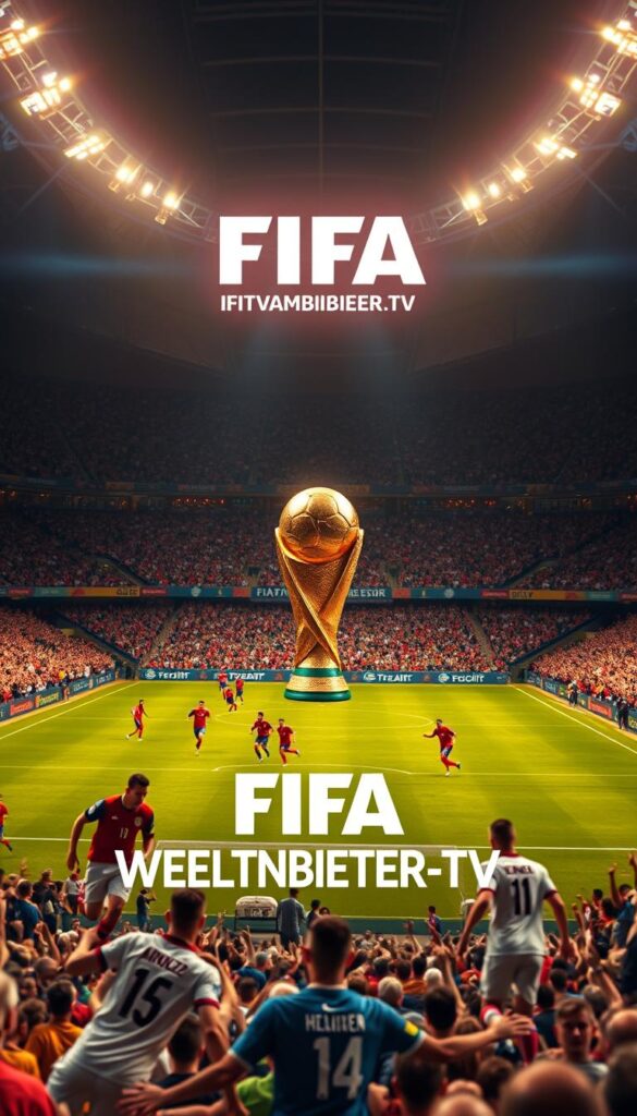 A vast, vibrant stadium filled with cheering fans, the FIFA Weltmeisterschaft unfolds against a backdrop of dynamic lighting and dramatic camera angles. The IPTVANBIETERTV logo stands prominently, reflecting the global reach of this prestigious tournament. In the foreground, players in their national jerseys chase the ball, their movements captured in a seamless, cinematic composition. The middle ground showcases the iconic World Cup trophy, glimmering under the warm glow of the stadium lights. The background is a blur of spectators, their excitement palpable as they witness the unfolding drama of the beautiful game.