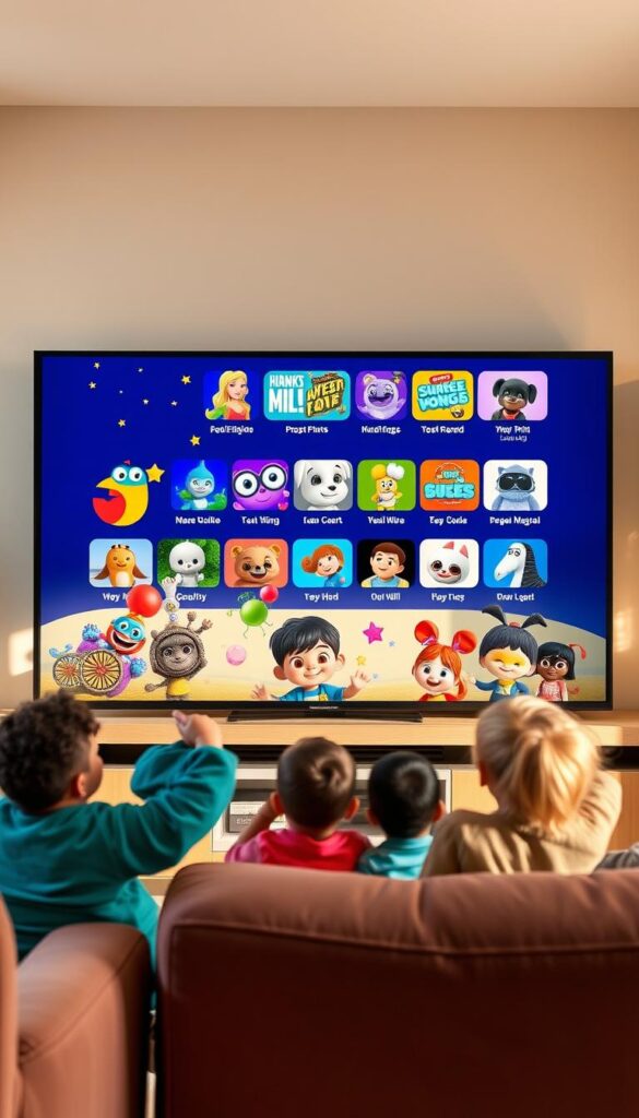A vibrant and diverse children's channel lineup on IPTVANBIETERTV, featuring a whimsical blend of animated adventures, educational programs, and engaging live-action series. A warm, inviting living room setting with plush seating and natural lighting creates a cozy atmosphere, while a large, high-definition television screen displays a captivating array of child-friendly content. Friendly, diverse characters interact on-screen, fostering a sense of inclusivity and wonder. The overall mood is one of discovery, learning, and joyful entertainment, perfectly tailored for young viewers' delight.