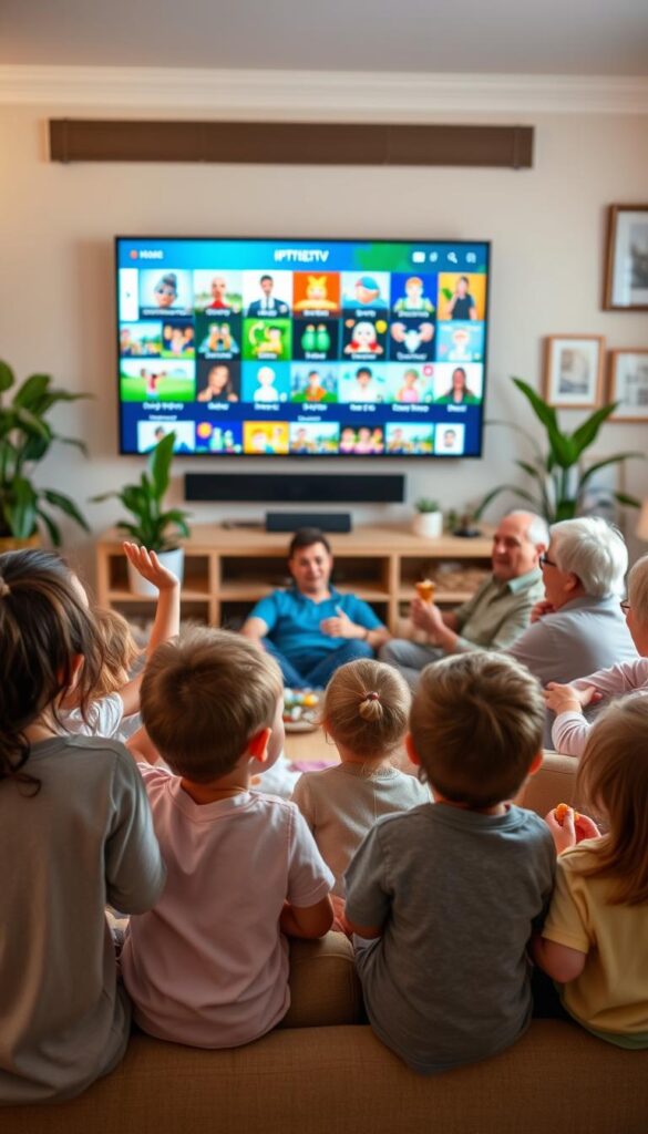 A vibrant and diverse family gathering, set against a cozy, inviting living room. In the foreground, a group of children excitedly watching a large flat-screen TV displaying a wide range of animated and educational content, courtesy of the IPTVANBIETERTV service. The middle ground features parents and grandparents relaxing on comfortable sofas, engaged in conversation and sharing snacks, while the background showcases a warm, well-lit environment with lush houseplants and family photographs, creating a sense of togetherness and a harmonious home atmosphere.