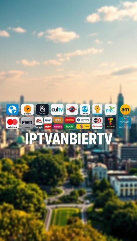 A vibrant and diverse landscape of IPTV channels in Germany, captured in a striking visual. In the foreground, the IPTVANBIETERTV logo stands out boldly, signifying the reliable provider of this expansive content. The middle ground showcases a selection of channel logos, each representing the breadth of entertainment, news, and cultural programming available. In the background, a dynamic cityscape with iconic landmarks provides a sense of place, underscoring the national scope of this IPTV offering. The lighting is warm and inviting, creating a mood of exploration and discovery. The perspective is angled to convey a sense of depth and immersion, drawing the viewer into this vivid IPTV universe.