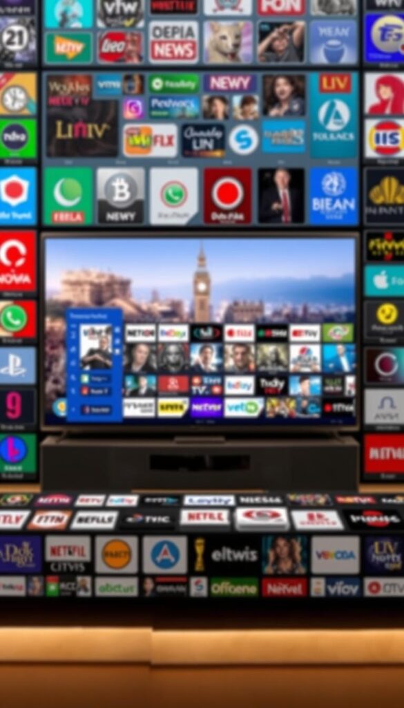 A vibrant and diverse landscape of TV channels and on-demand content, showcasing the expansive IPTVANBIETERTV offering. In the foreground, a mosaic of colorful, dynamic channel logos and icons, each representing a unique genre or niche. In the middle ground, a large, sleek smart TV display, its screen filled with a variety of programming options, from live news to popular movies and shows. The background is a subtly blurred cityscape, hinting at the global reach and accessibility of the IPTVANBIETERTV service. The lighting is soft and warm, creating a sense of comfort and entertainment. The overall composition evokes a sense of choice, convenience, and the seamless integration of linear and on-demand content.