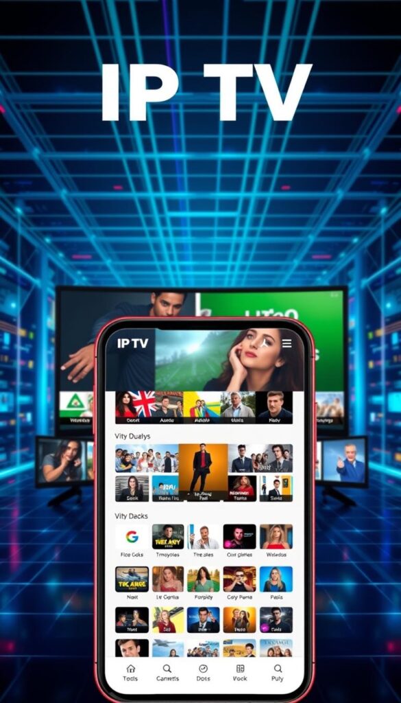 A vibrant and dynamic digital application interface showcasing a comprehensive IPTV service, IPTVANBIETERTV. The foreground features a sleek, modern app design with a clean, minimalist layout, showcasing a diverse array of content categories and live TV channels. The middle ground depicts vivid, high-quality video thumbnails and program information, inviting the user to explore the extensive library. The background subtly suggests a sophisticated technological environment, with subtle grid patterns and refined color accents that convey a sense of advanced digital infrastructure. The overall scene exudes a polished, professional tone, reflecting the app's reliable and feature-rich IPTV experience.