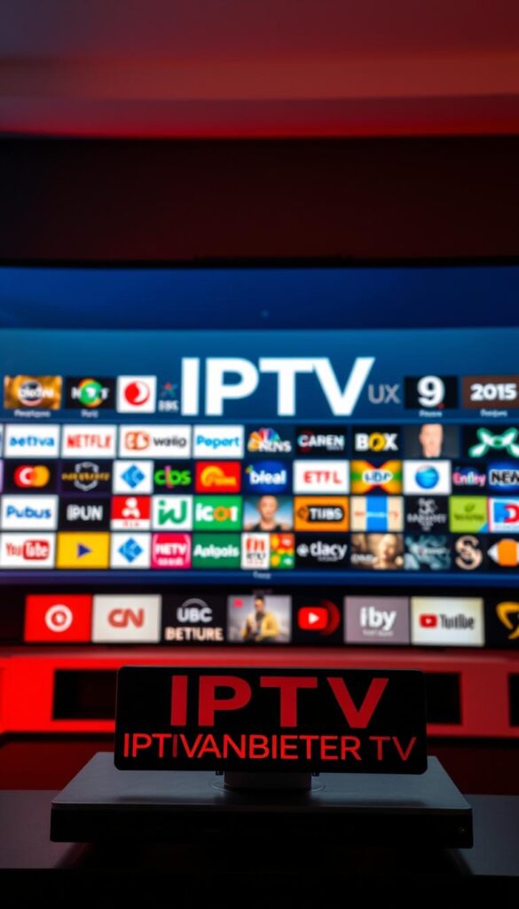 A vibrant and dynamic display of German IPTV channels, showcasing a wide range of entertainment options. In the foreground, the IPTVANBIETERTV logo stands prominently, surrounded by a collage of channel logos and icons, each representing the diverse content available. The middle ground features a grid-like arrangement of channel thumbnails, showcasing the breadth of the IPTV offering. In the background, a sleek and modern interface with a clean, minimalist design sets the tone, hinting at the user-friendly experience. The scene is bathed in a warm, inviting lighting, creating a sense of sophistication and professionalism. The overall composition conveys the comprehensive and high-quality IPTV experience that IPTVANBIETERTV provides to its German customers.