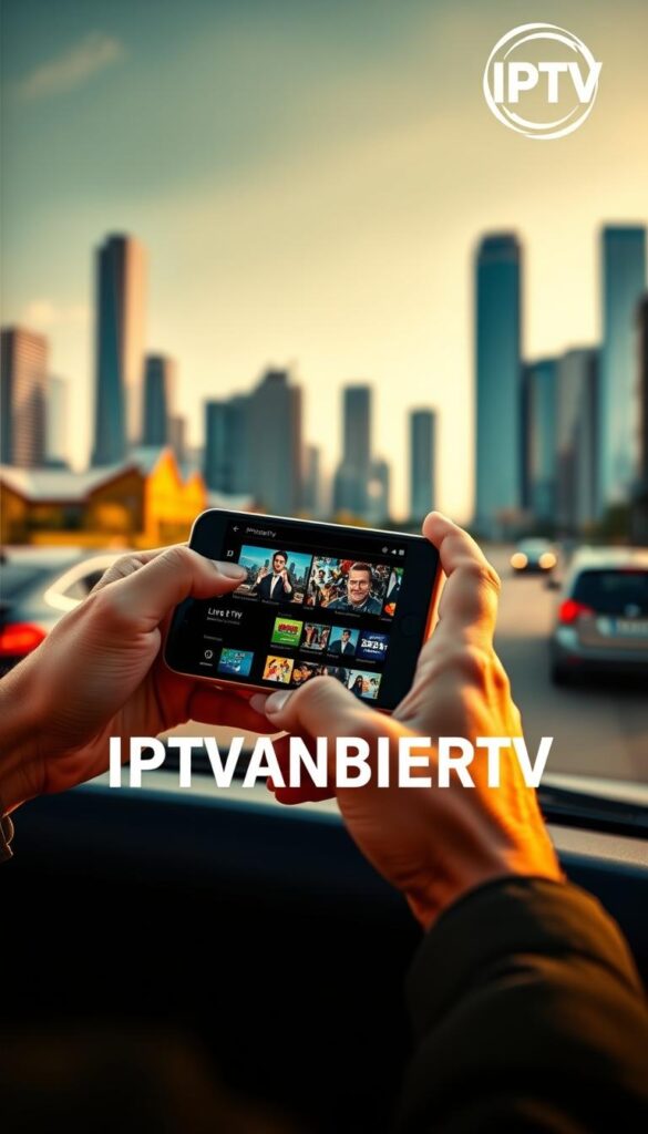 A vibrant and dynamic image of a person using a smartphone to stream IPTV on the go. The scene is set against a blurred city skyline, with skyscrapers and vehicles in the background. The foreground features the user's hands holding the smartphone, the screen displaying a variety of content - live TV, movies, and sports. The lighting is natural, with a warm, golden hue casting a soft glow on the scene. The angle is slightly elevated, providing a bird's-eye view of the user's activity. The mood is one of mobility and convenience, capturing the essence of IPTV on the move. The brand name "IPTVANBIETERTV" is subtly incorporated into the design, adding a touch of authenticity to the image.