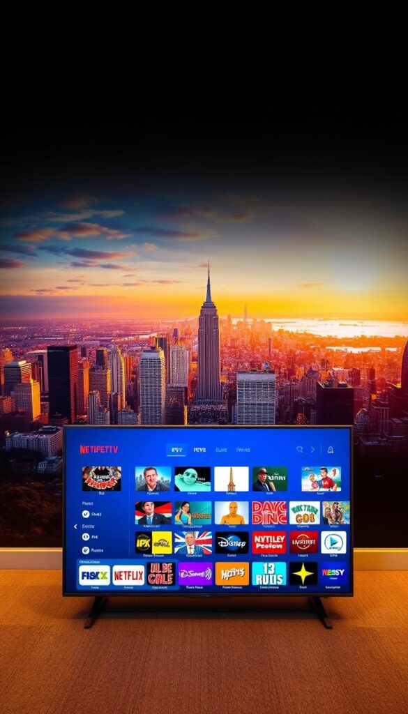 A vibrant and dynamic landscape showcasing the diverse range of USA IPTV channels. In the foreground, a sleek and modern television set displays an array of captivating content, with crisp visuals and rich colors. The middle ground features a sprawling skyline, representing the vast geographical reach of the IPTV offering, while the background is adorned with iconic American landmarks, symbolizing the comprehensive coverage of the IPTVANBIETERTV service. The scene is illuminated by a warm, golden lighting, creating a sense of inviting and immersive entertainment. The composition is balanced and visually striking, reflecting the seamless integration of technology and content that defines the IPTV experience.