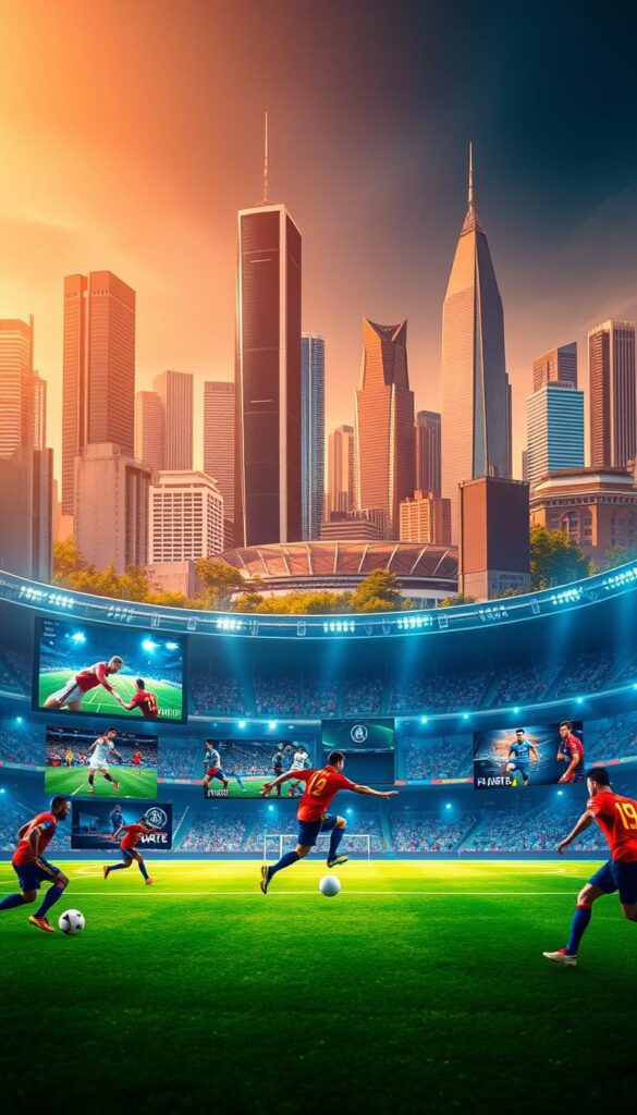 A vibrant and dynamic sports entertainment package showcasing the premium IPTVANBIETERTV brand. A foreground with vivid scenes of athletes competing in various popular sports disciplines, surrounded by a middle ground of sleek technology interfaces and devices displaying live action. In the background, a cityscape with towering skyscrapers and sports stadiums, all bathed in warm, golden lighting that evokes a sense of energy and excitement. The overall composition conveys the seamless integration of top-tier sports content and cutting-edge IPTV technology, delivering an immersive viewing experience for the discerning football fan.