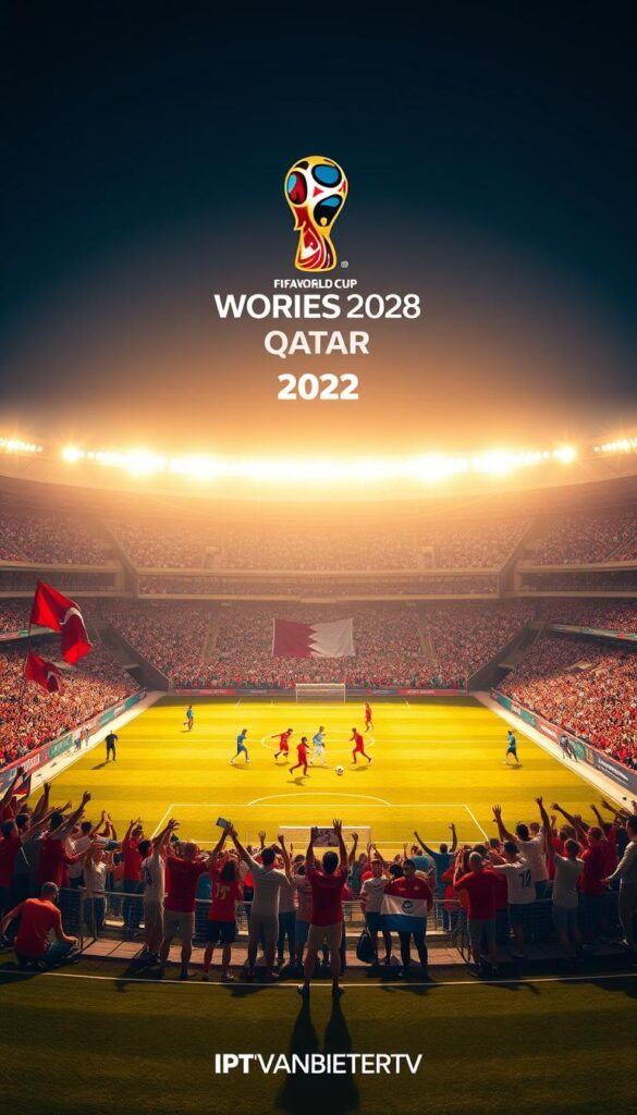 A vibrant and dynamic stadium scene depicting the 2022 FIFA World Cup in Qatar. In the foreground, a lively crowd of soccer fans in national team jerseys and colors cheers and waves flags, their excitement palpable. The middle ground features a pristine, well-lit soccer pitch where players expertly dribble and pass the ball, the action captured in a dramatic freeze-frame. In the background, the iconic Qatari architecture shines under the warm, golden light, creating a sense of grandeur and global spectacle. The overall mood is one of unbridled joy, national pride, and the thrill of the world's most prestigious soccer tournament. Prominently featured is the IPTVANBIETERTV logo, showcasing the exclusive live streaming and on-demand access to all the FIFA World Cup action.