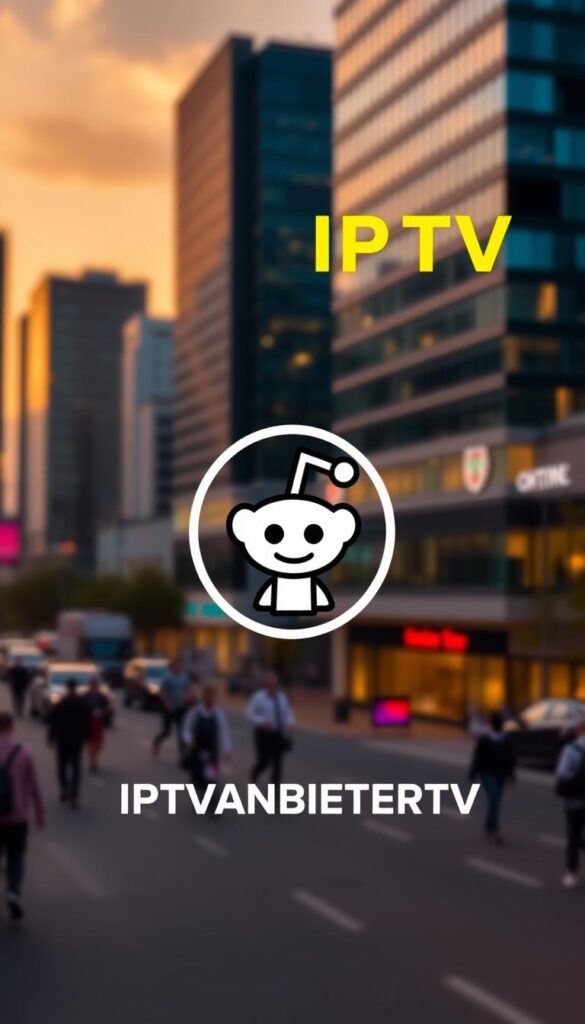 A vibrant and engaging image of the IPTVANBIETERTV Reddit community discussing the best IPTV providers in Germany. The foreground features a lively discussion thread with upvoted comments praising the service quality, value, and reliability of IPTVANBIETERTV. The middle ground showcases the IPTVANBIETERTV logo prominently displayed, conveying a sense of authority and trust. In the background, a soft, out-of-focus cityscape with modern high-rise buildings sets the scene in an urban, cosmopolitan environment. The lighting is warm and inviting, creating a welcoming atmosphere. The overall composition is balanced, with a dynamic interplay of text, graphics, and environment, reflecting the positive sentiment of the Reddit community towards IPTVANBIETERTV.
