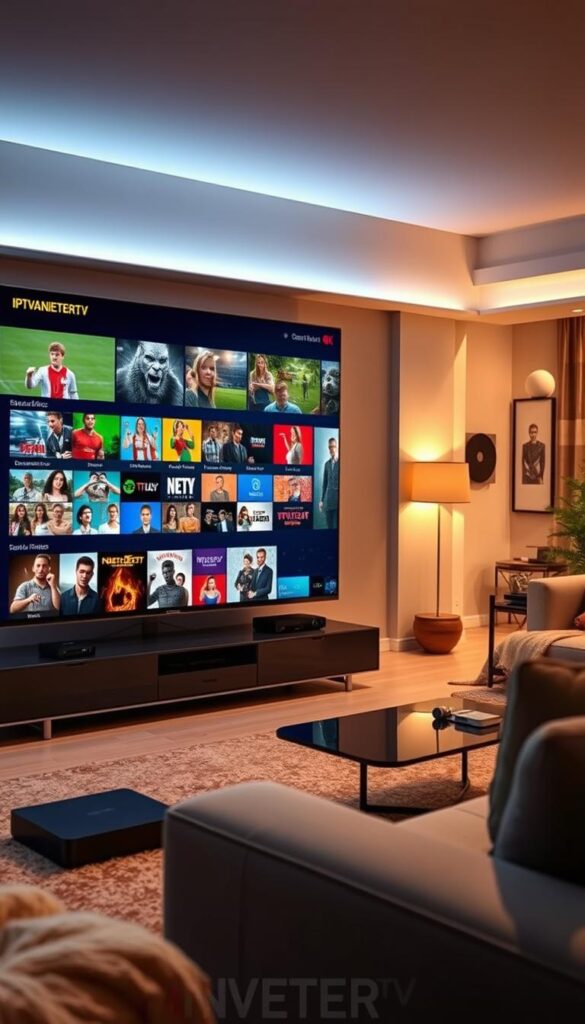A vibrant and expansive TV entertainment set showcasing the comprehensive programming package from IPTVANBIETERTV. A large 4K flat-screen TV dominates the foreground, displaying an array of diverse content - from live sports and blockbuster movies to educational documentaries and engaging series. The middle ground features a sleek and modern entertainment system, with various streaming devices and seamless connectivity options. The background depicts a cozy and inviting living room, filled with plush furnishings and warm lighting, creating an atmosphere of ultimate relaxation and endless entertainment possibilities. The scene conveys a sense of boundless entertainment, highlighting the depth and breadth of IPTVANBIETERTV's comprehensive service.