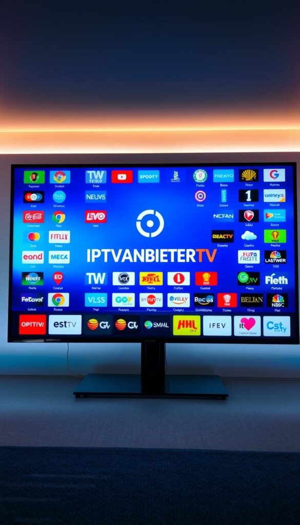 A vibrant and extensive IPTV channel list displayed on a sleek, modern television screen. The screen features the brand name "IPTVANBIETERTV" prominently in the center, surrounded by a diverse array of channel logos and icons. The foreground showcases the breadth of content available, with sports, news, movies, and entertainment channels clearly visible. The middle ground presents a clean, minimalist interface with intuitive navigation controls. The background hints at a high-tech, futuristic setting, with subtle lighting and reflections creating a sense of depth and sophistication. The overall image conveys a comprehensive, visually appealing IPTV service catering to a wide range of viewer preferences.