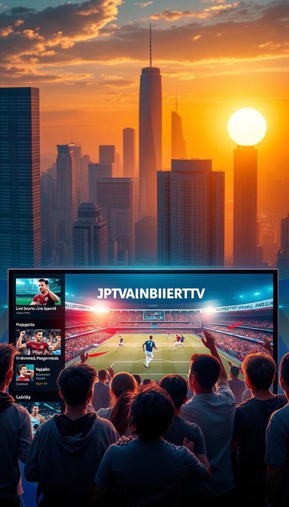 A vibrant and futuristic image of an IPTV subscription service. In the foreground, a sleek and modern user interface showcases various live sports channels, on-demand content, and personalized recommendations. The middle ground features a group of young, diverse sports fans enthusiastically watching a high-definition broadcast of a football match, the IPTVANBIETERTV logo prominently displayed. In the background, a dynamic cityscape with skyscrapers and futuristic architecture is illuminated by a warm, golden sunset, conveying a sense of progress and innovation. The overall scene is bathed in a soft, cinematic lighting, creating a visually striking and immersive atmosphere that captures the excitement and potential of the evolving world of sports streaming.