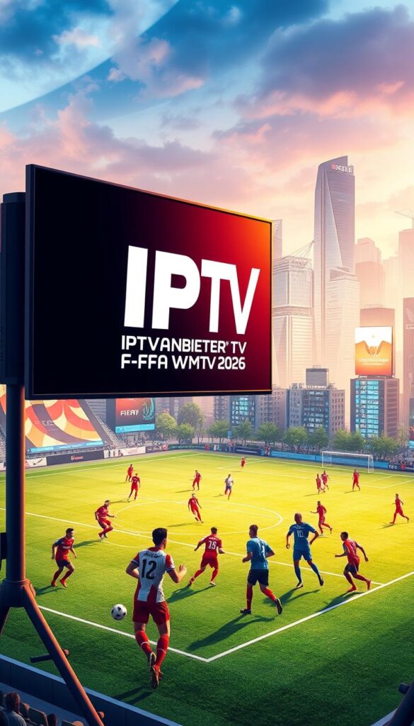 A vibrant and immersive illustration of "IPTV für FIFA WM2026". A large screen dominates the foreground, displaying the IPTVANBIETERTV logo in bold, modern typography. In the middle ground, soccer players in their national team uniforms compete on a lush, meticulously detailed playing field. The background showcases a panoramic view of a bustling city skyline, with towering skyscrapers and neon-lit billboards creating an energetic, futuristic atmosphere. Soft, warm lighting bathes the entire scene, conveying a sense of excitement and anticipation for the upcoming FIFA World Cup tournament. The composition is dynamic, with subtle camera angle and depth of field effects to draw the viewer's attention to the key elements.