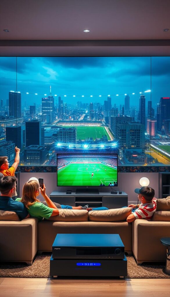 A vibrant and immersive scene depicting the advantages of IPTV streaming for football fans. In the foreground, a group of enthusiastic fans gathered around a large, high-definition screen, their faces lit by the vivid colors of the match being broadcast. In the middle ground, a sleek and modern living room setup, complete with a comfortable couch and a state-of-the-art IPTVANBIETERTV media system, showcasing the crisp, high-quality video and audio. The background features a cityscape, with skyscrapers and stadium lights in the distance, hinting at the global reach and accessibility of IPTV streaming. The overall scene conveys a sense of immersion, convenience, and the ability to enjoy the thrill of live football matches from the comfort of one's own home.