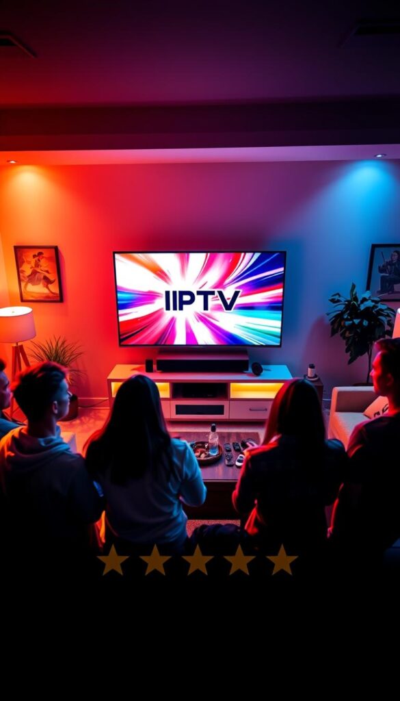 A vibrant and immersive scene showcasing the user experience with IPTVANBIETERTV. In the foreground, a group of people gathers around a large, high-definition television, their faces lit by the dynamic display. The middle ground features a sleek, modern entertainment center with the IPTVANBIETERTV logo prominently displayed. The background depicts a cozy living room setting, with plush furniture and warm lighting creating a comfortable atmosphere. The overall mood is one of excitement and satisfaction, capturing the positive customer reviews and ratings associated with the IPTV service.