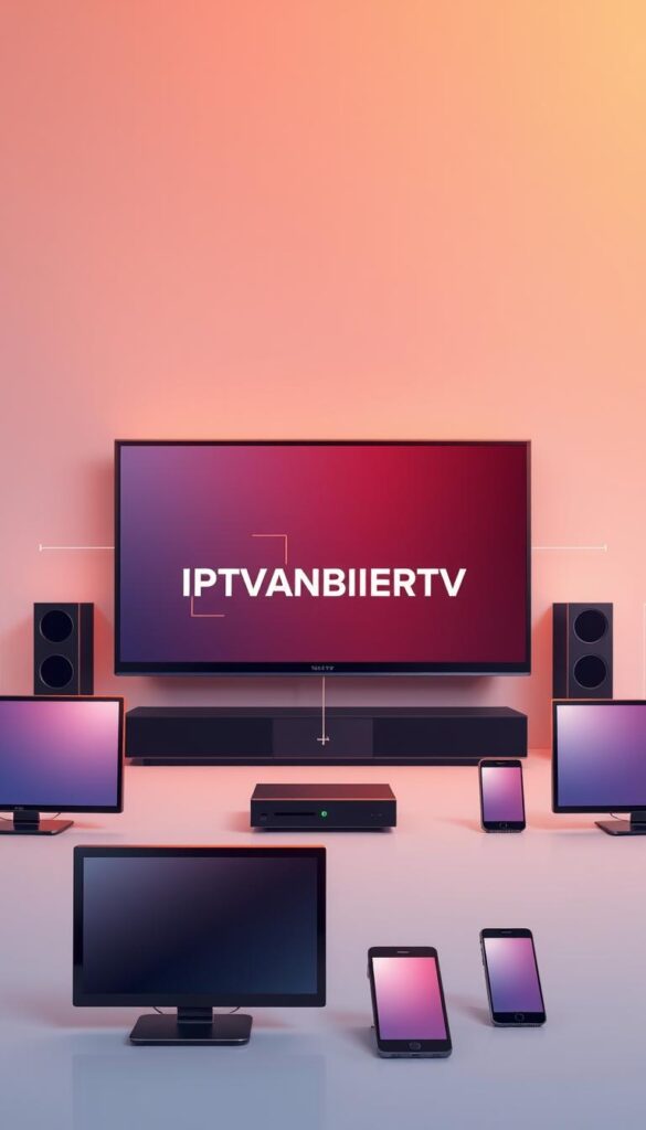 A vibrant and informative illustration of IPTV device compatibility. A central display showcases the IPTVANBIETERTV logo against a sleek, modern backdrop. Surrounding devices, such as smart TVs, tablets, and smartphones, demonstrate the versatile connectivity options. The composition is clean and balanced, with a crisp, high-resolution rendering. Warm lighting creates a welcoming, technical atmosphere, highlighting the seamless integration of IPTV technology across various platforms. The overall impression conveys the ease and accessibility of IPTV services.