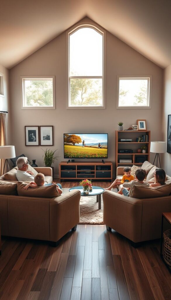 A vibrant and inviting family living room, bathed in warm natural light from large windows. At the center, a sleek and modern IPTVANBIETERTV smart TV displays crisp, high-definition content. Around it, plush sofas and armchairs create a cozy gathering space for all ages. Framed art and family photos adorn the walls, reflecting the home's welcoming atmosphere. In the background, a neatly organized entertainment unit houses various media devices, creating a harmonious and technologically-advanced environment. The scene exudes a sense of comfort, togetherness, and the seamless integration of cutting-edge IPTV technology into the family's daily life.