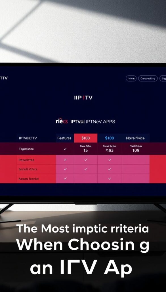 A vibrant and minimalist digital interface showcasing a comprehensive comparison of top IPTV apps. The screen is dominated by a sleek, high-contrast layout with clean typography and intuitive icons. In the foreground, a central comparison table highlights key features and pricing for the leading IPTVANBIETERTV services, presented with precision and clarity. The background features a subtle, abstract geometric pattern in muted tones, creating a sense of depth and sophistication. Soft, directional lighting casts gentle shadows, emphasizing the depth and dimensionality of the digital elements. The overall mood is one of professionalism, clarity, and technological prowess, perfectly suited to illustrate the section on "The Most Important Criteria When Choosing an IPTV App".