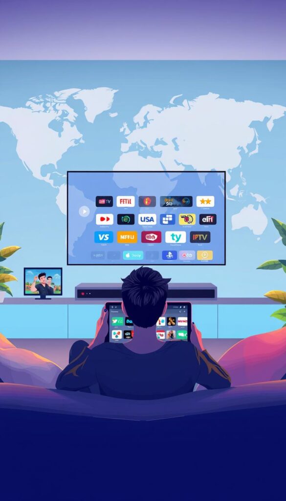 A vibrant and modern illustration of a person enjoying IPTV worldwide for life through IPTVANBIETERTV. In the foreground, a person sits comfortably on a sofa, tablet in hand, immersed in a diverse selection of live TV channels and on-demand content. The middle ground showcases a sleek, minimalist IPTV interface with a clean, intuitive layout. In the background, a world map gradually fades into view, symbolizing the global accessibility of the IPTV service. The lighting is soft and warm, creating a cozy, inviting atmosphere. The overall scene conveys a sense of effortless, unlimited entertainment and the convenience of IPTV accessed through IPTVANBIETERTV.