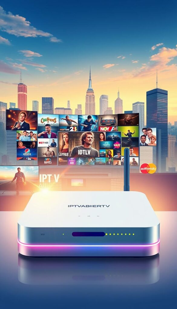 A vibrant and modern illustration showcasing the IPTVANBIETERTV brand against a dynamic backdrop. In the foreground, a sleek, high-tech IPTV set-top box takes center stage, its minimalist design and glowing LEDs capturing the essence of modern digital entertainment. In the middle ground, a collage of popular streaming content and cable TV channels represents the diverse offerings of the IPTV service. The background features a cityscape skyline, conveying the ubiquity and accessibility of IPTV in the digital age. The scene is bathed in a warm, inviting lighting, creating a sense of sophistication and technological advancement. The overall composition strikes a balance between the tangible hardware and the intangible, boundless world of digital media, encapsulating the IPTV experience.