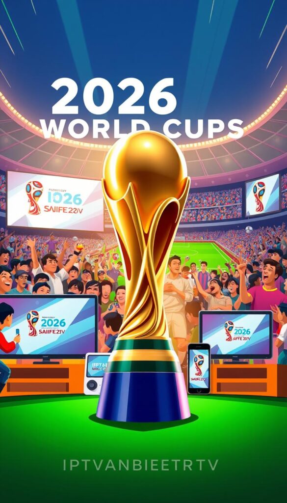 A vibrant and modern sports-themed illustration showcasing the 2026 World Cup coverage packages from IPTVANBIETERTV. The foreground features a central focal point of the iconic World Cup trophy, rendered in a sleek, metallic finish that catches the light. Surrounding it are various electronic devices - smart TVs, tablets, and smartphones - displaying the IPTVANBIETERTV logo and the event's branding. The middle ground depicts a crowd of spectators enthusiastically watching the matches, their expressions conveying the excitement and energy of the tournament. The background features a stylized stadium backdrop, with the roar of the crowd and the pulsing rhythm of the event creating an immersive atmosphere. The overall composition is balanced, dynamic, and visually compelling, capturing the essence of the 2026 World Cup and the IPTVANBIETERTV streaming services.
