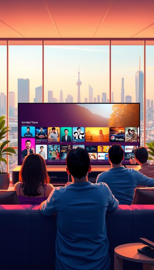 A vibrant and sleek illustration showcasing the advantages of IPTV over traditional TV services. In the foreground, a modern living room with a large 4K OLED display displaying crisp, high-quality IPTVANBIETERTV content. In the middle ground, people enjoying a range of entertainment options - streaming movies, browsing channels, and accessing a vast library of on-demand content. The background features futuristic city skylines, symbolizing the boundless connectivity and convenience of IPTV. The scene is bathed in warm, natural lighting, creating a cozy and inviting atmosphere. The overall composition highlights the superior viewing experience, flexibility, and technological advancements that IPTV offers compared to traditional TV. A vibrant and sleek illustration showcasing the advantages of IPTV over traditional TV services. In the foreground, a modern living room with a large 4K OLED display displaying crisp, high-quality IPTVANBIETERTV content. In the middle ground, people enjoying a range of entertainment options - streaming movies, browsing channels, and accessing a vast library of on-demand content. The background features futuristic city skylines, symbolizing the boundless connectivity and convenience of IPTV. The scene is bathed in warm, natural lighting, creating a cozy and inviting atmosphere. The overall composition highlights the superior viewing experience, flexibility, and technological advancements that IPTV offers compared to traditional TV.